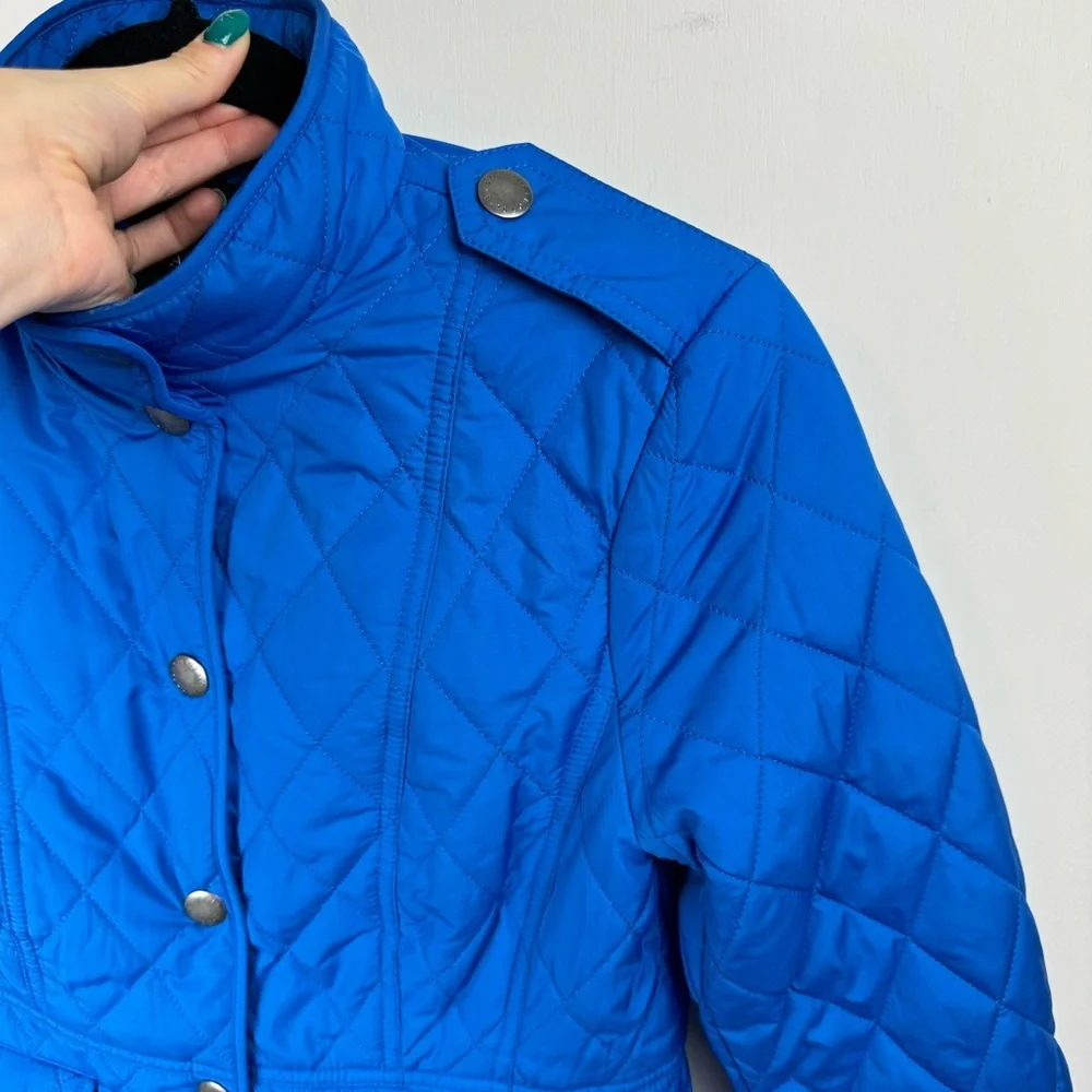 Talbots Diamond Quilted Jacket Sz Petite Cobalt Blue Button Snap Barn Chore
